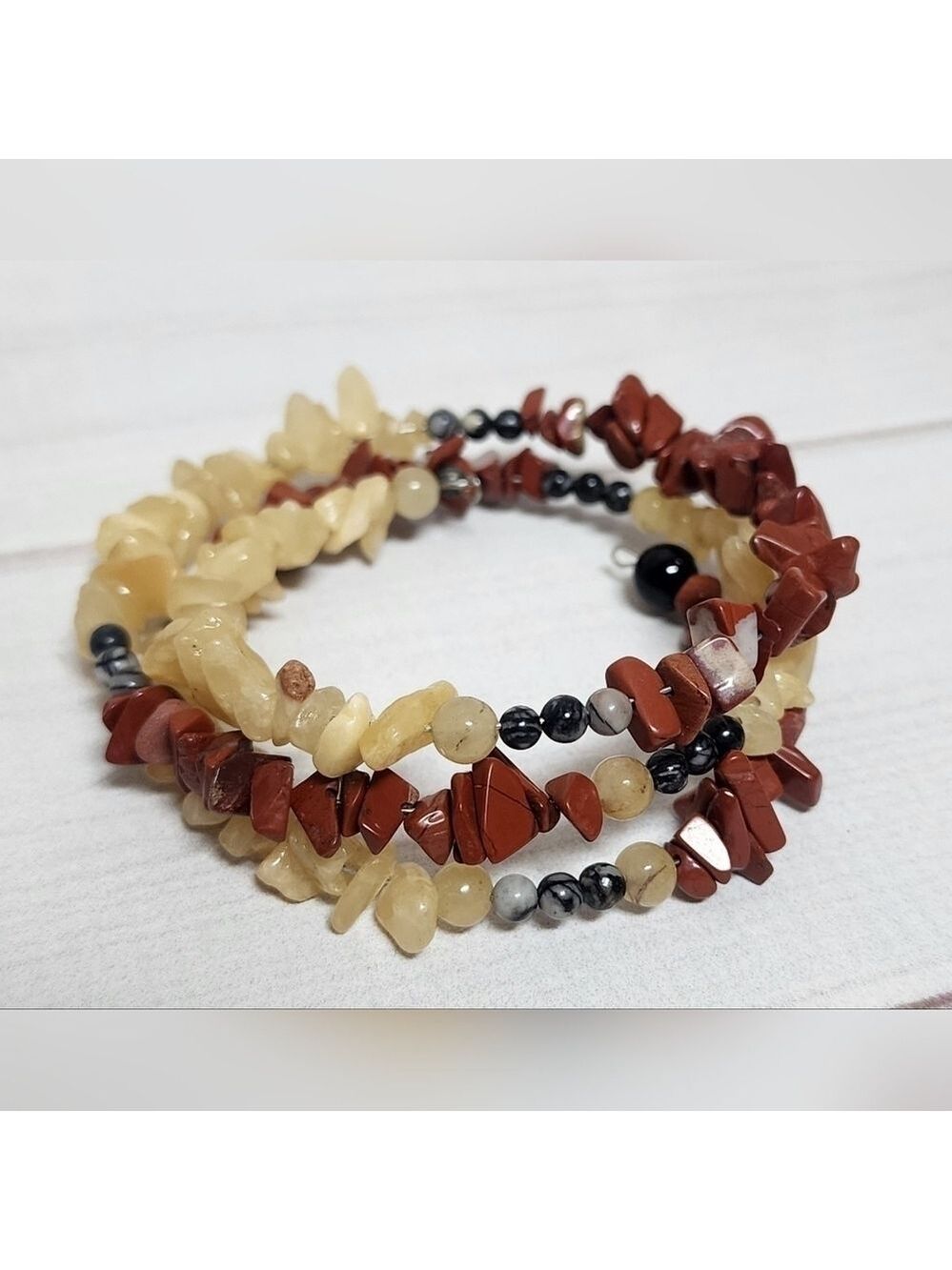 Yellow Opal Gemstone and Red Jasper Coil Wrap Beaded Bracelet Handmade New